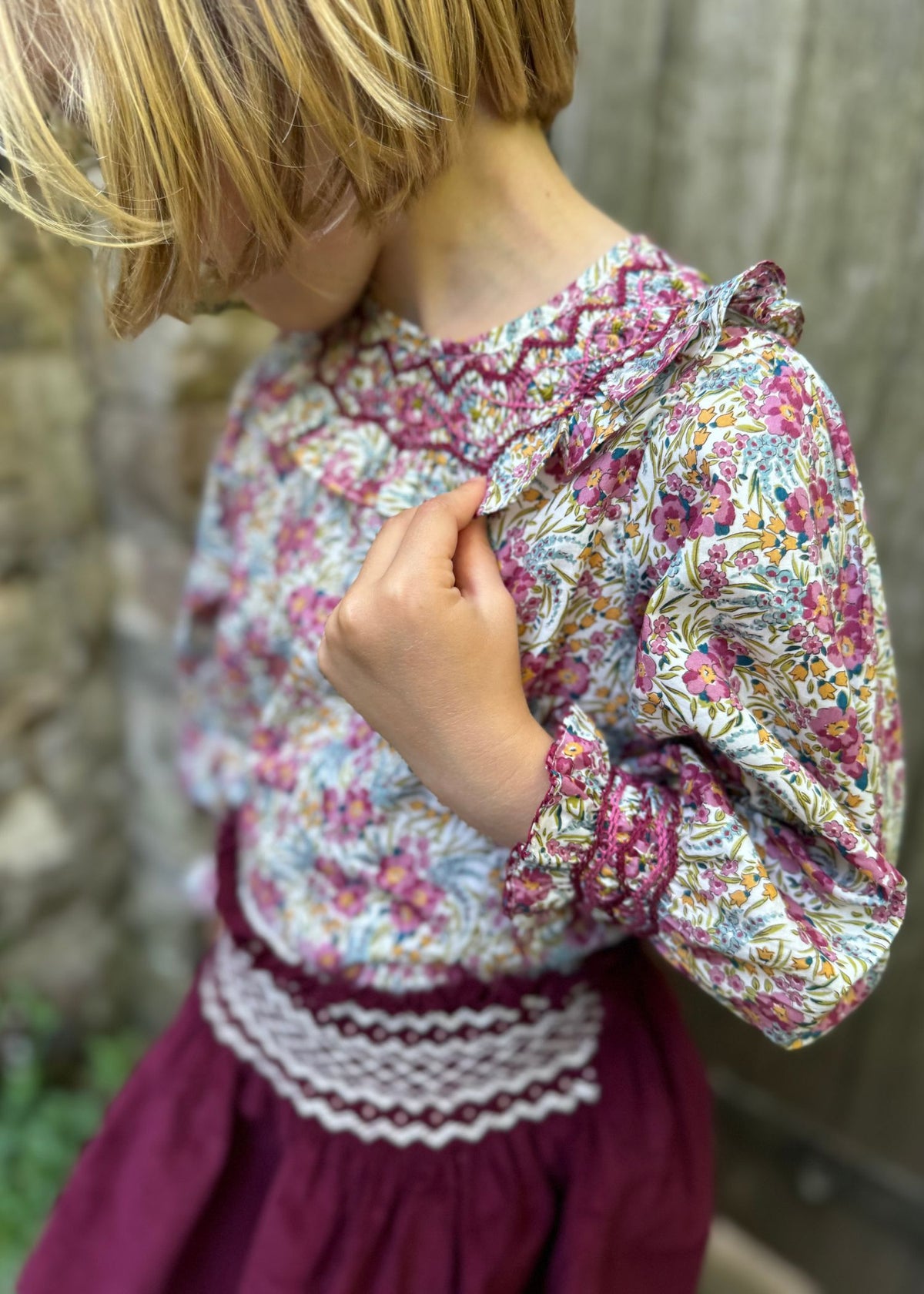 2-3 & 3-4y Bader Ginsberg Blouse with Copper Beech Hand Smocking made with Liberty Swirling Petals