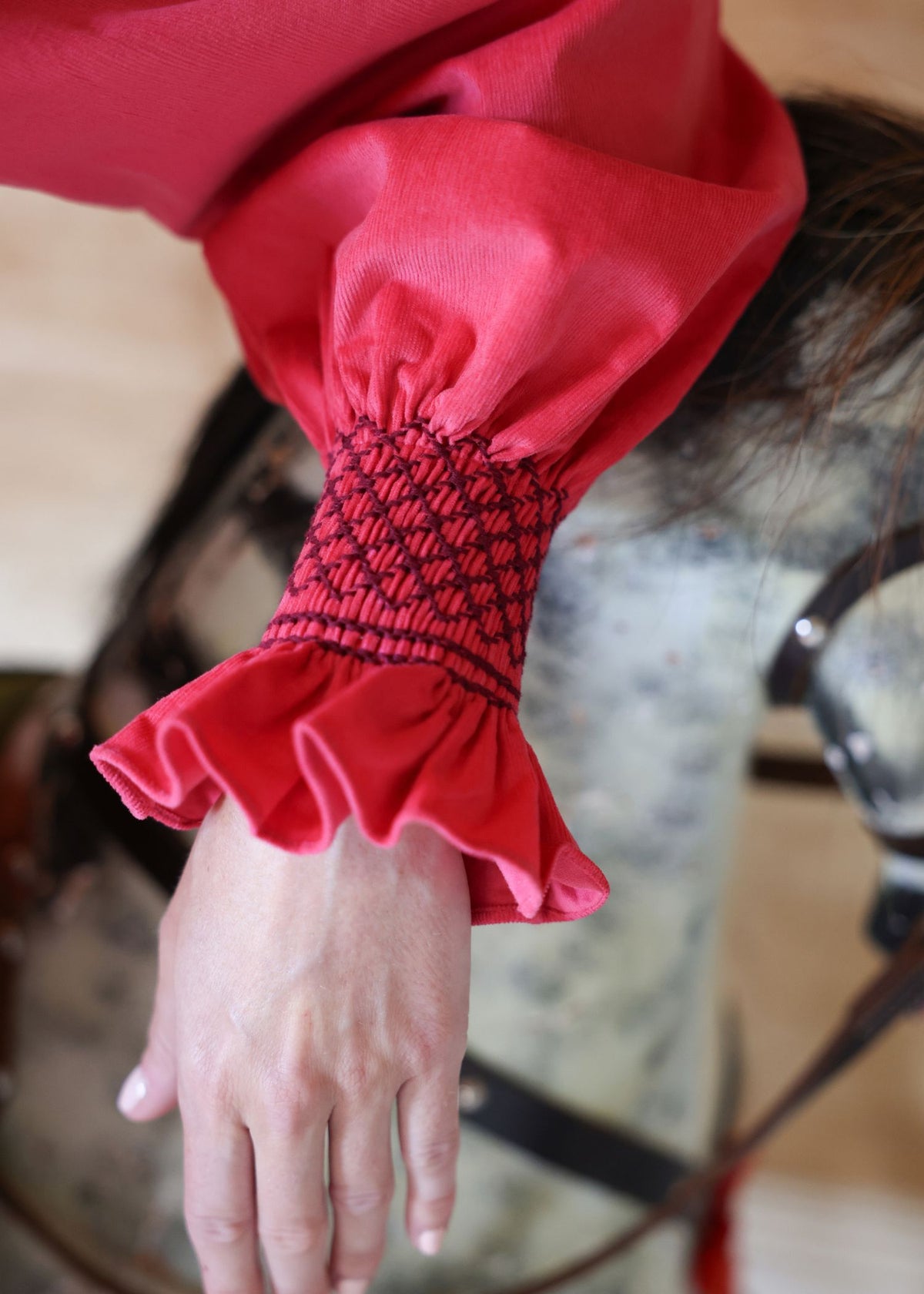 Billie Holiday Dress Very Berry Needlecord with Mulberry Hand Smocking
