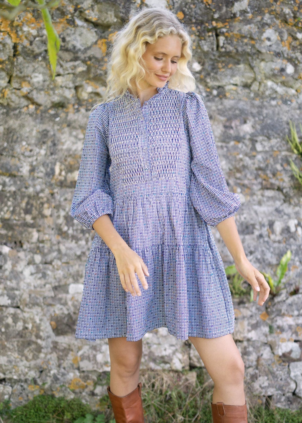 Small Billie Holiday Dress Confetti Plumetti Gingham with Smarties Honeycomb Hand Smocking