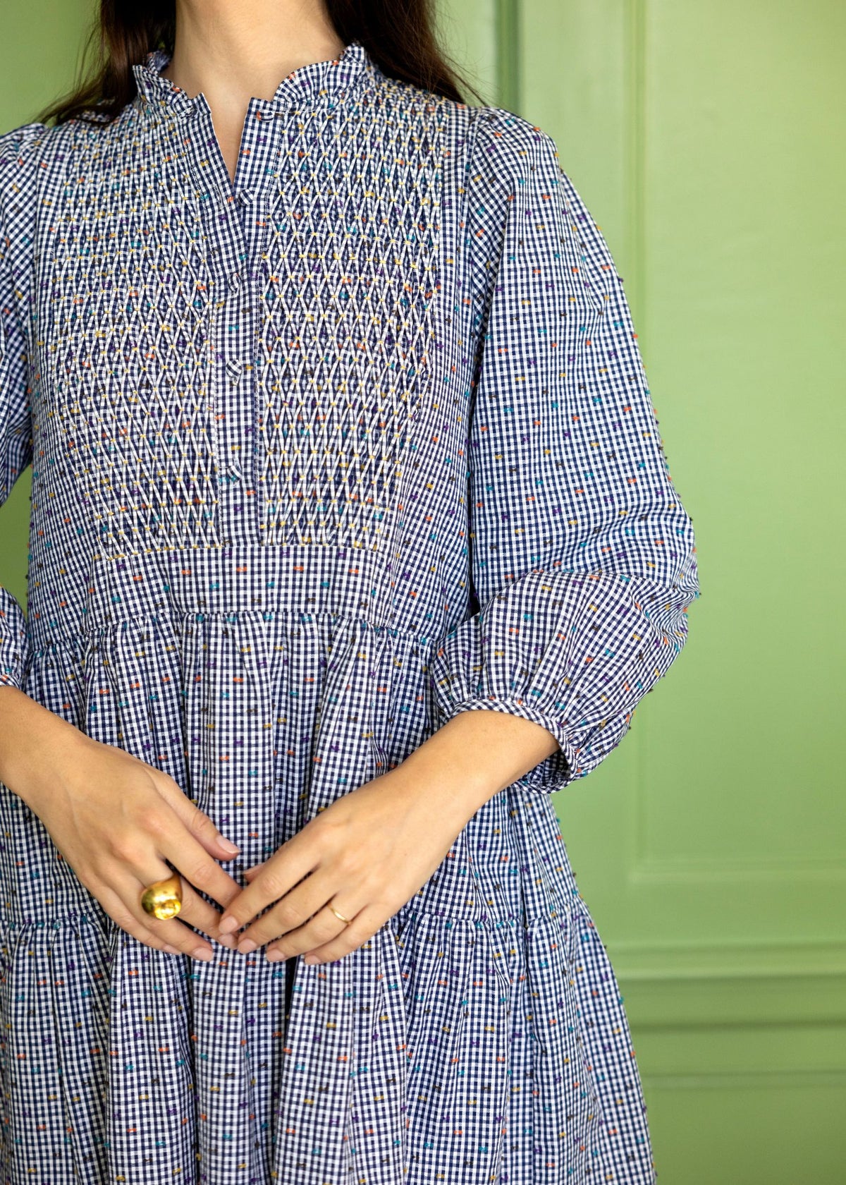 Small Billie Holiday Dress Confetti Plumetti Gingham with Smarties Honeycomb Hand Smocking