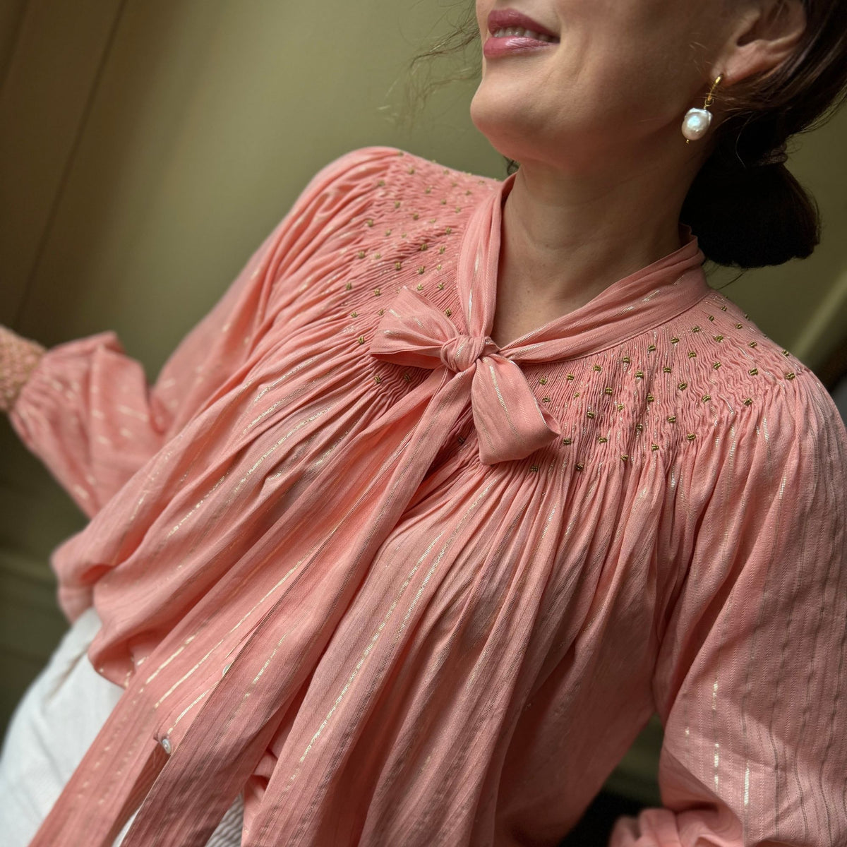 Large Burdett Coutts Pussy Bow Blouse Golden Girl Stripe with End of the Rainbow Hand Smocking Edition 1