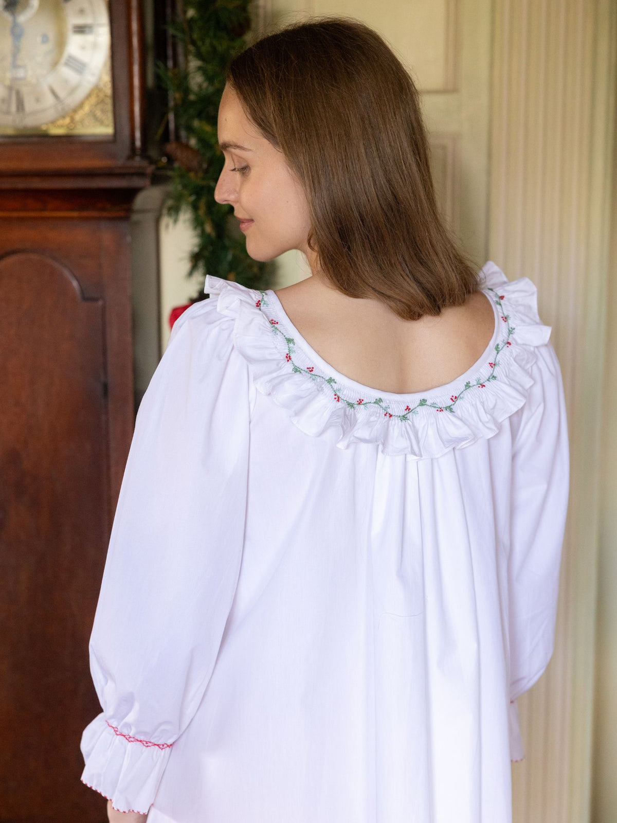 S/M Cassat Women's Dress Moonstone Cotton with Holly Hand Smocking