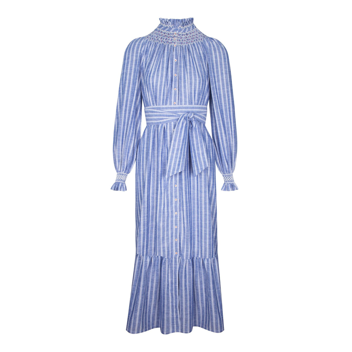 S/M Colette Dress Chambray Stripes with Hot Lips Hand Smocking
