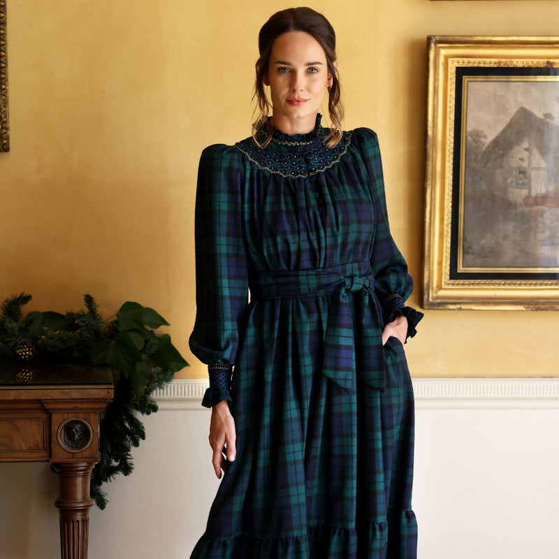 Colette Women's Dress Black Watch Tartan with Royal Blue Hand Smocking