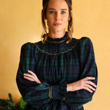 Colette Women's Dress Black Watch Tartan with Royal Blue Hand Smocking