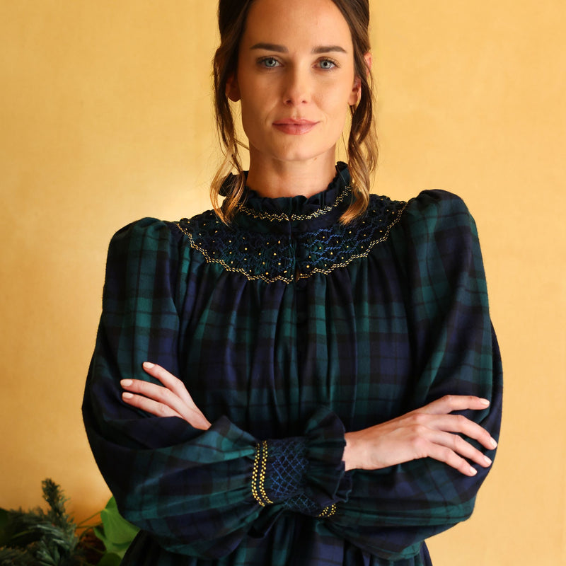 Colette Women's Dress Black Watch Tartan with Royal Blue Hand Smocking