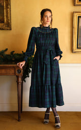 Colette Women's Dress Black Watch Tartan with Royal Blue Hand Smocking