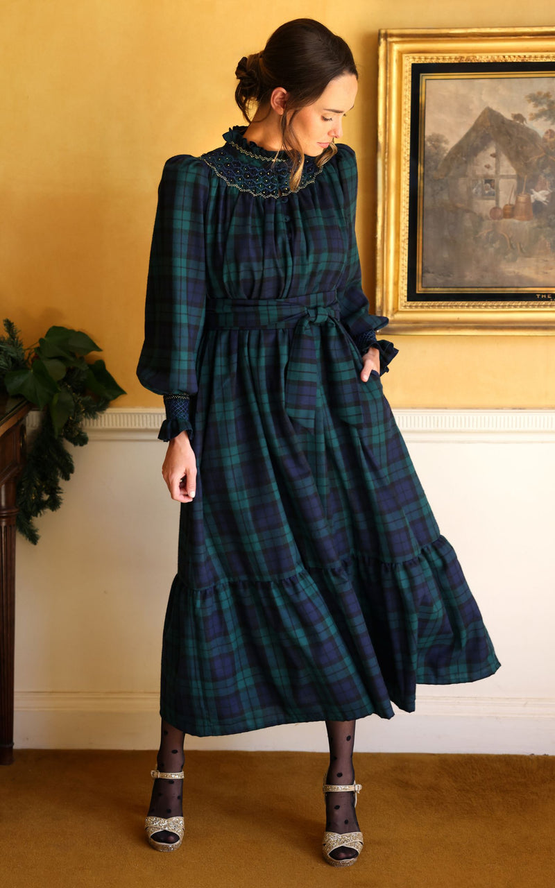 Colette Women's Dress Black Watch Tartan with Royal Blue Hand Smocking