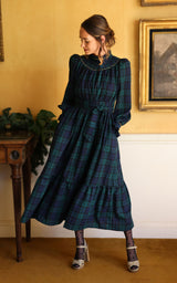 Colette Women's Dress Black Watch Tartan with Royal Blue Hand Smocking