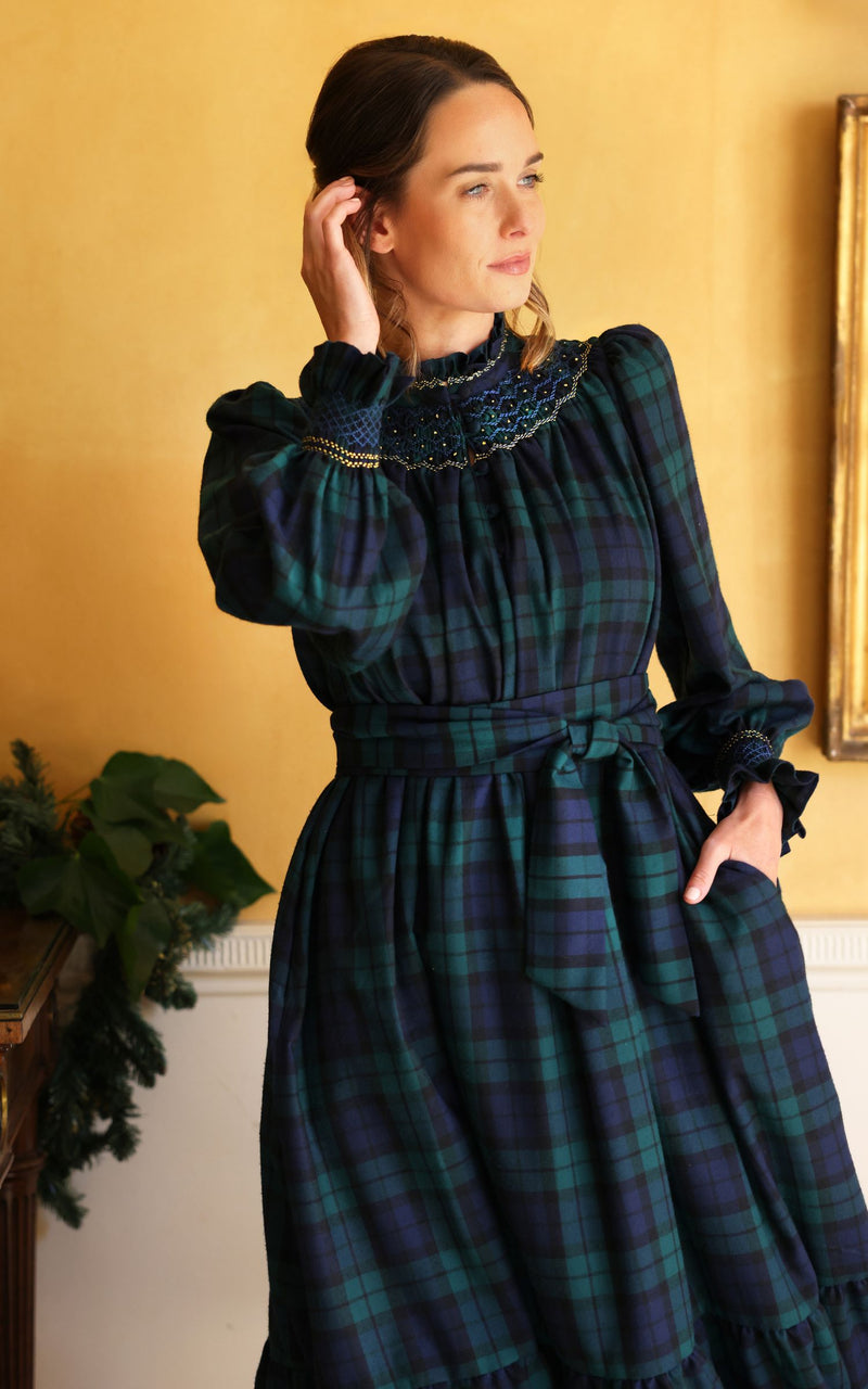 Colette Women's Dress Black Watch Tartan with Royal Blue Hand Smocking