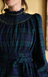 Colette Women's Dress Black Watch Tartan with Royal Blue Hand Smocking