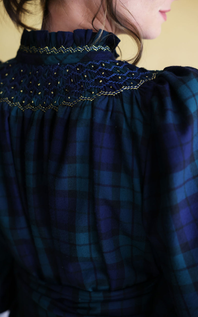 Colette Women's Dress Black Watch Tartan with Royal Blue Hand Smocking