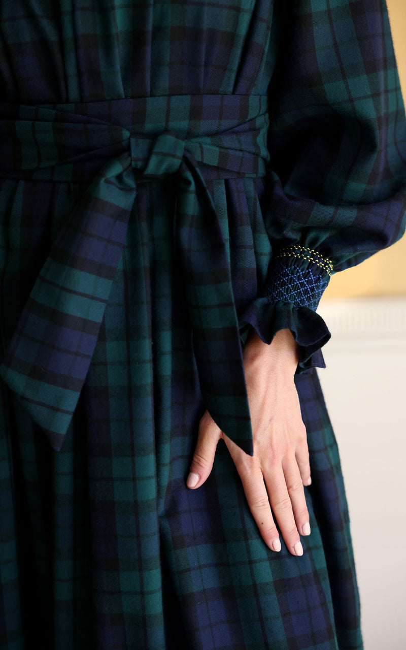 Colette Women's Dress Black Watch Tartan with Royal Blue Hand Smocking