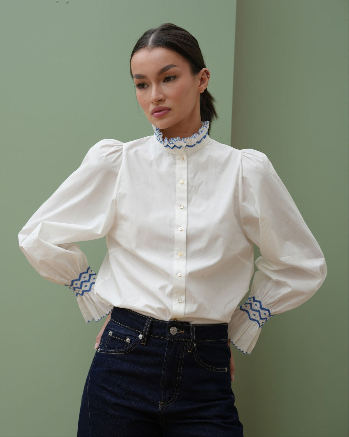 Shelley Blouse White Cotton with Sapphire Hand Smocking