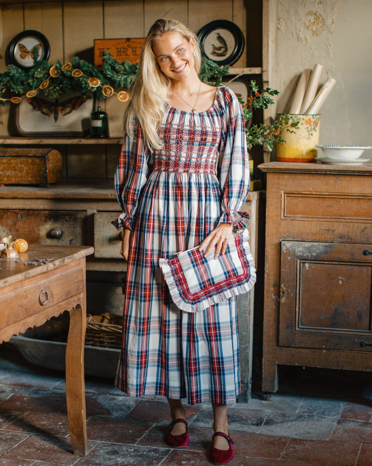 The Dolly Clutch Britannia Check with Winter Berry Hand Smocking