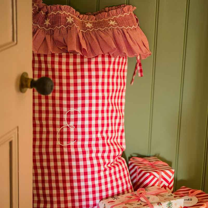 Edit58 x Smock London Red Gingham Sack with Snowflakes Hand Smocking