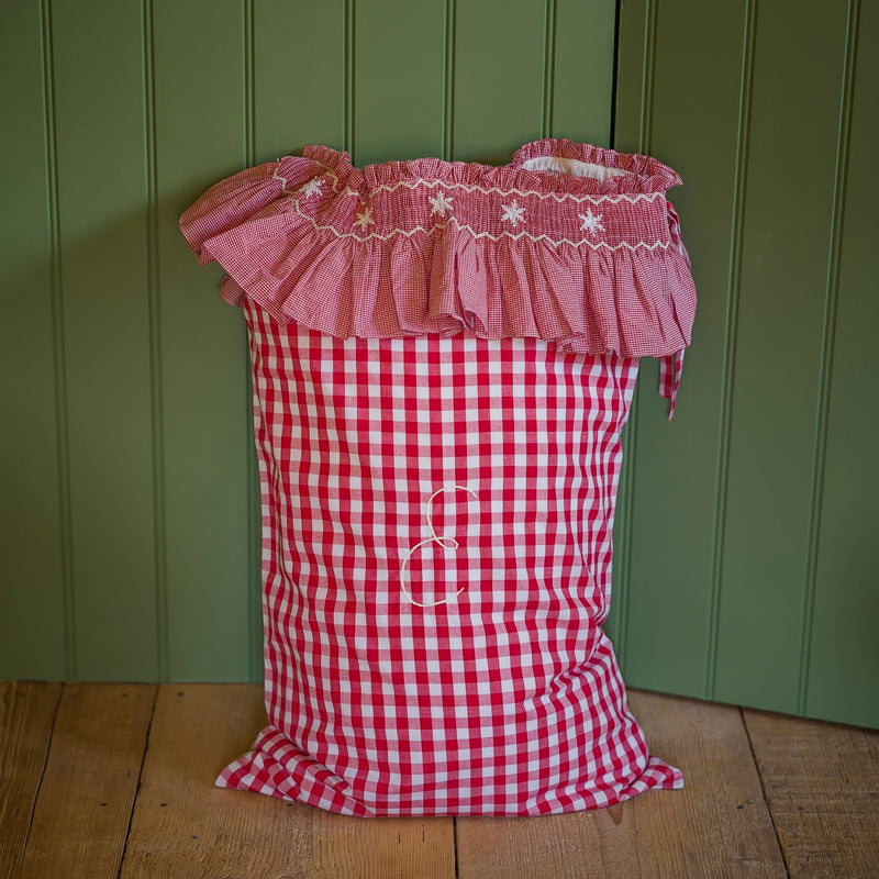 Edit58 x Smock London Red Gingham Sack with Snowflakes Hand Smocking