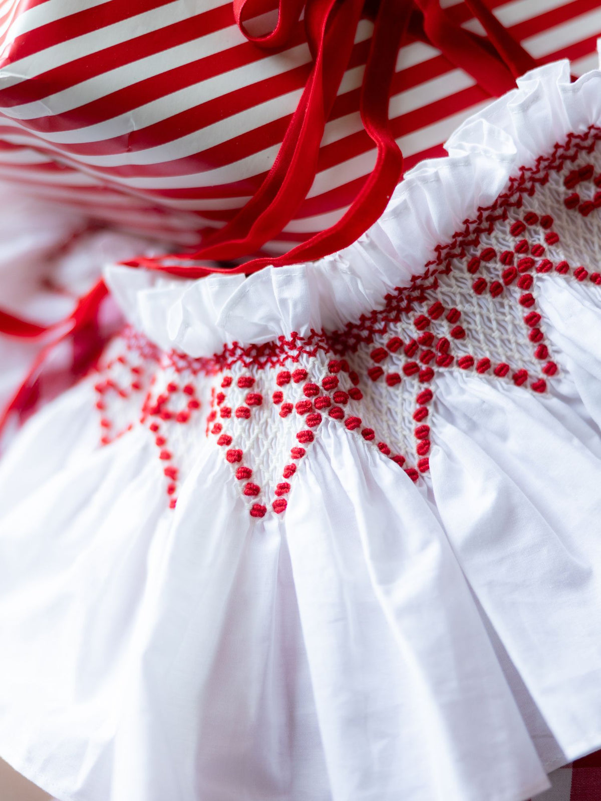 Edit58 x Smock London Red Gingham Sack with Crimson Ribbon Hand Smocking
