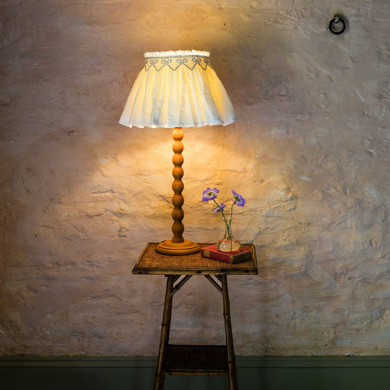 Edit58 x Smock London Elsie Lampshade Skirt White Grid with Blue Bows Hand Smocking