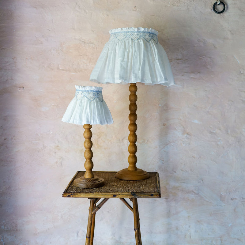 Edit58 x Smock London Elsie Lampshade Skirt White Grid with Blue Bows Hand Smocking