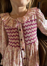 3-4 & 6-8y Elizabeth Blackwell Dress Heather in Bloom with Majestic Magenta Hand Smocking