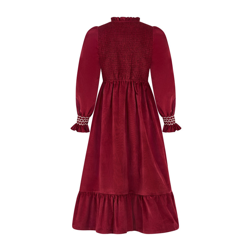 Emmeline Pankhurst Women's Dress Mulberry Needlecord With Heather Haze Hand Smocking