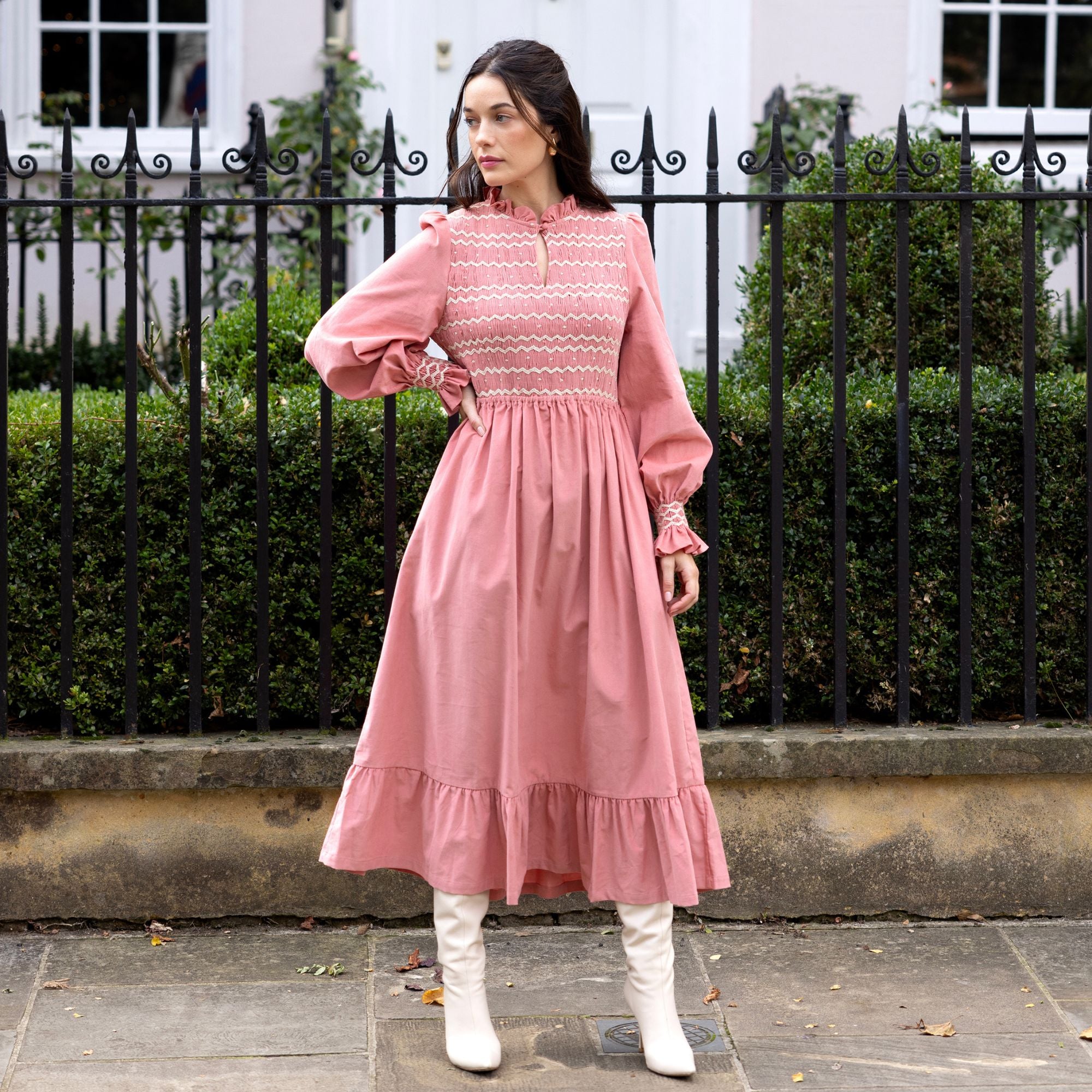 S/M Emmeline Pankhurst Women's Dress Rosehip Pink Needlecord with Full Moon Hand smocking