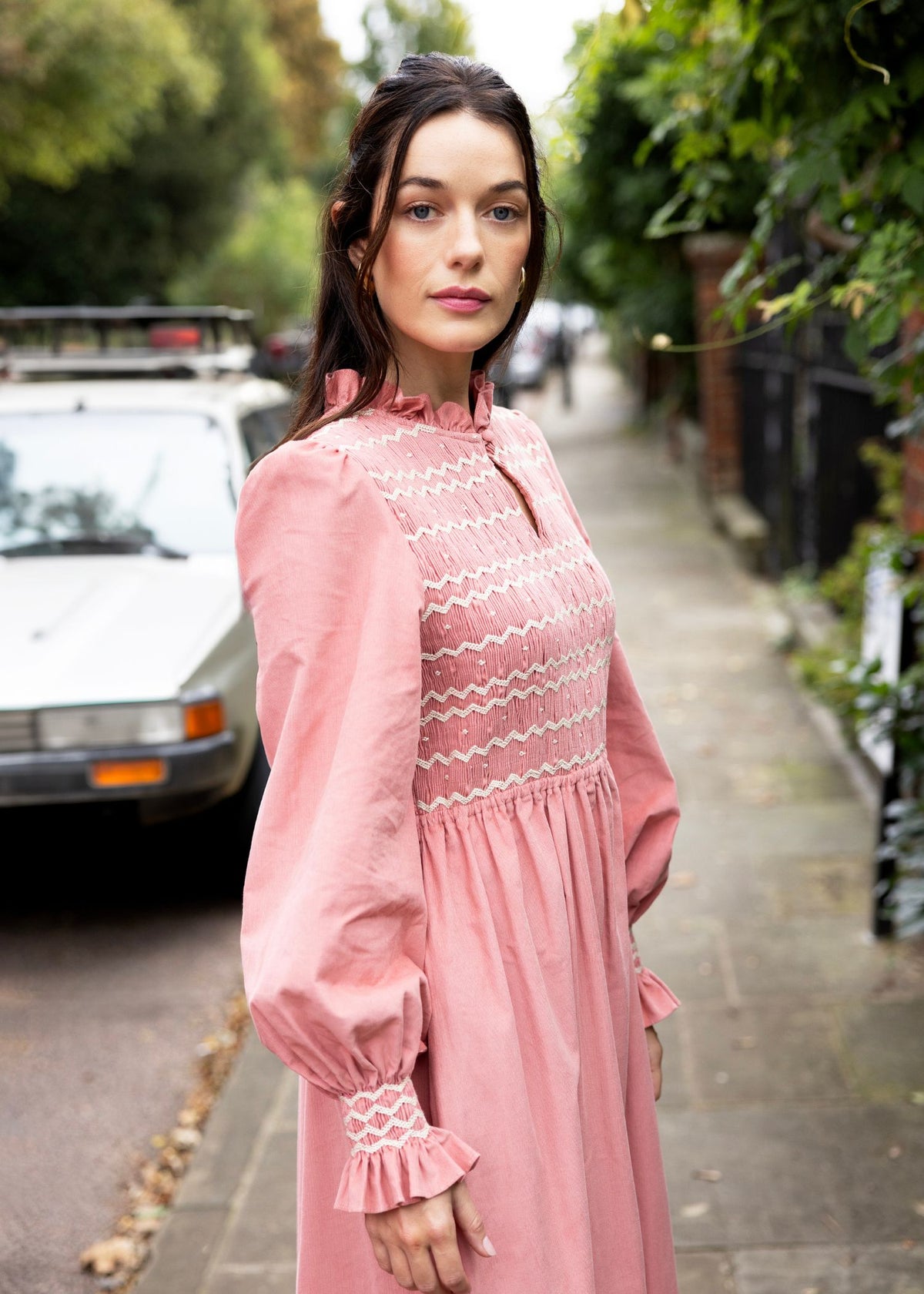S/M Emmeline Pankhurst Women's Dress Rosehip Pink Needlecord with Full Moon Hand smocking