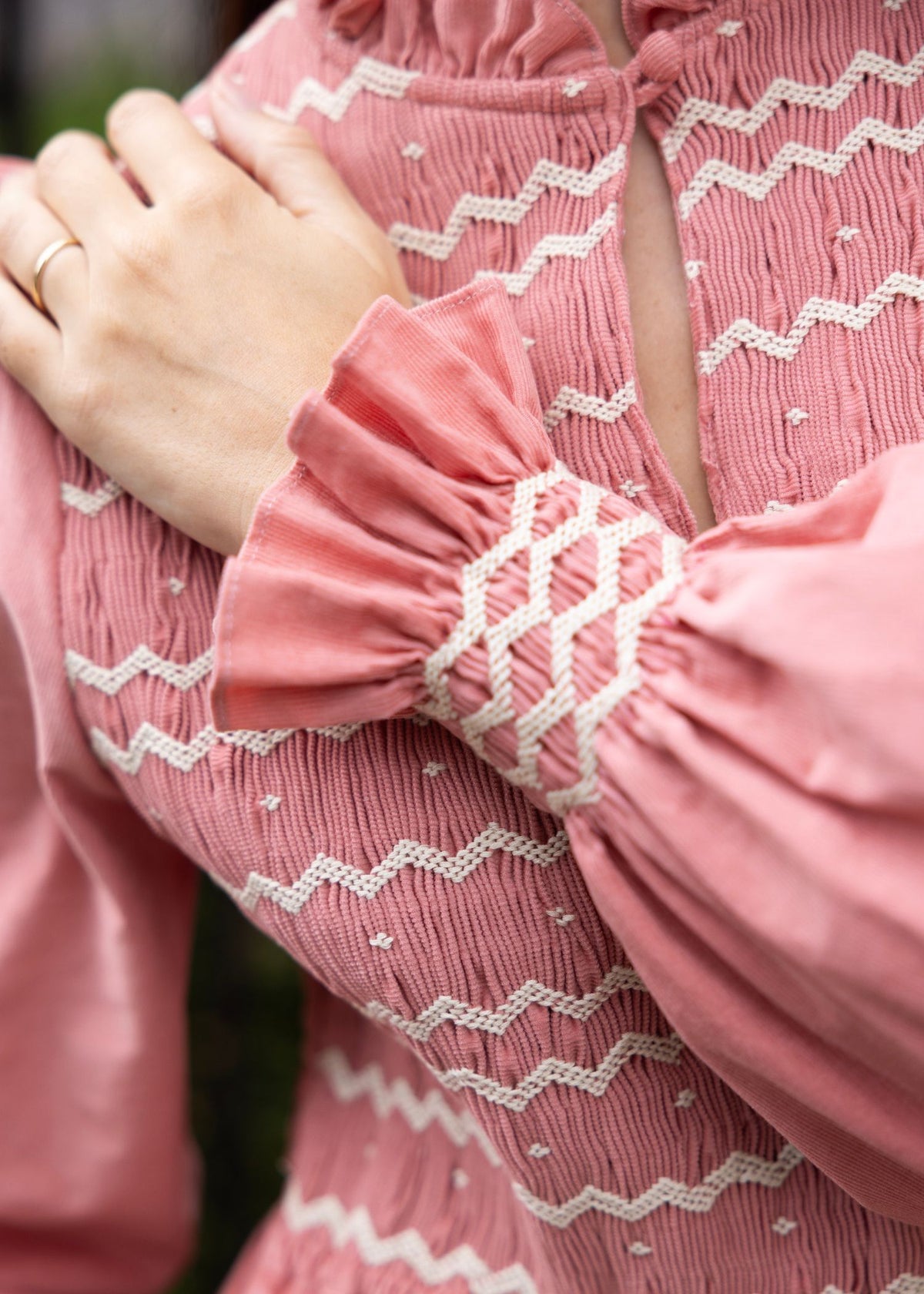 S/M Emmeline Pankhurst Women's Dress Rosehip Pink Needlecord with Full Moon Hand smocking