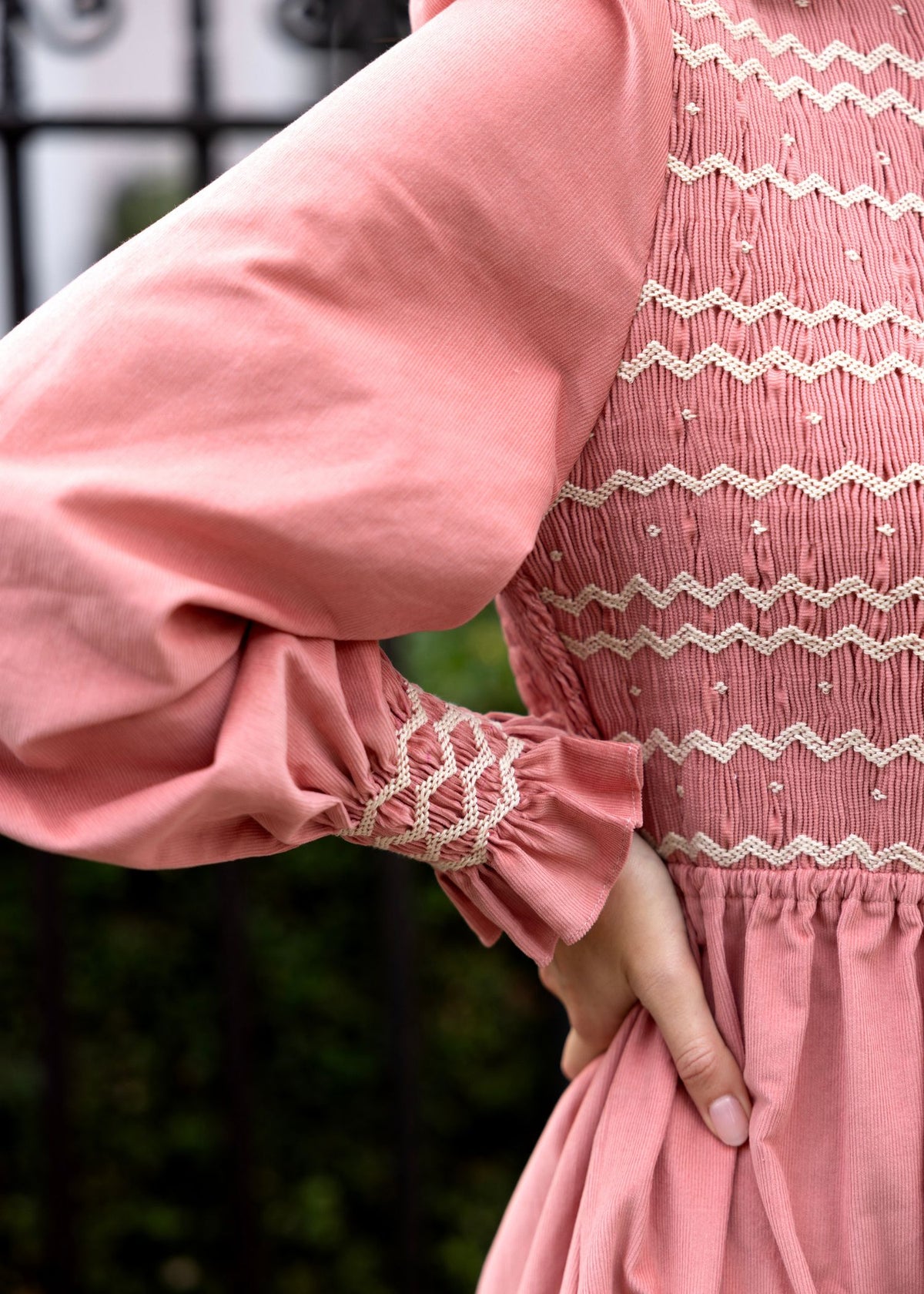 S/M Emmeline Pankhurst Women's Dress Rosehip Pink Needlecord with Full Moon Hand smocking