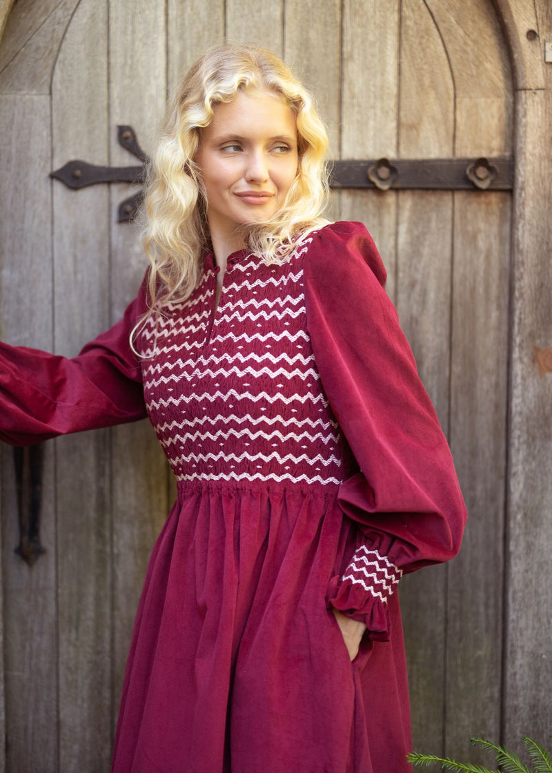 Emmeline Pankhurst Women's Dress Mulberry Needlecord With Heather Haze Hand Smocking