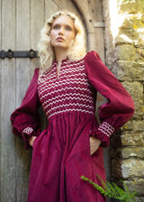Emmeline Pankhurst Women's Dress Mulberry Needlecord With Heather Haze Hand Smocking
