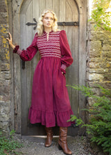 Emmeline Pankhurst Women's Dress Mulberry Needlecord With Heather Haze Hand Smocking