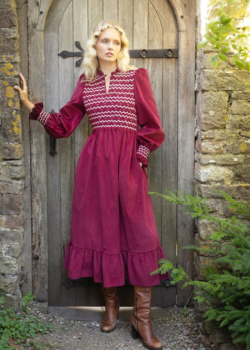 Emmeline Pankhurst Women's Dress Mulberry Needlecord With Heather Haze Hand Smocking