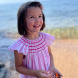 1-2y Indira Gandhi Flutter Dress Cream Tea Stripes with Eton Mess Hand Smocking