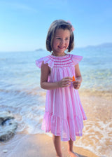 1-2y Indira Gandhi Flutter Dress Cream Tea Stripes with Eton Mess Hand Smocking