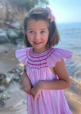 1-2y Indira Gandhi Flutter Dress Cream Tea Stripes with Eton Mess Hand Smocking