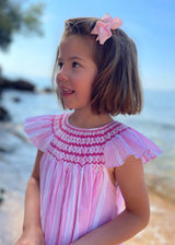 1-2y Indira Gandhi Flutter Dress Cream Tea Stripes with Eton Mess Hand Smocking