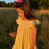 2-3y Indira Gandhi Flutter Dress Yellow Submarine Seersucker with Lychee Lemonade Hand Smocking