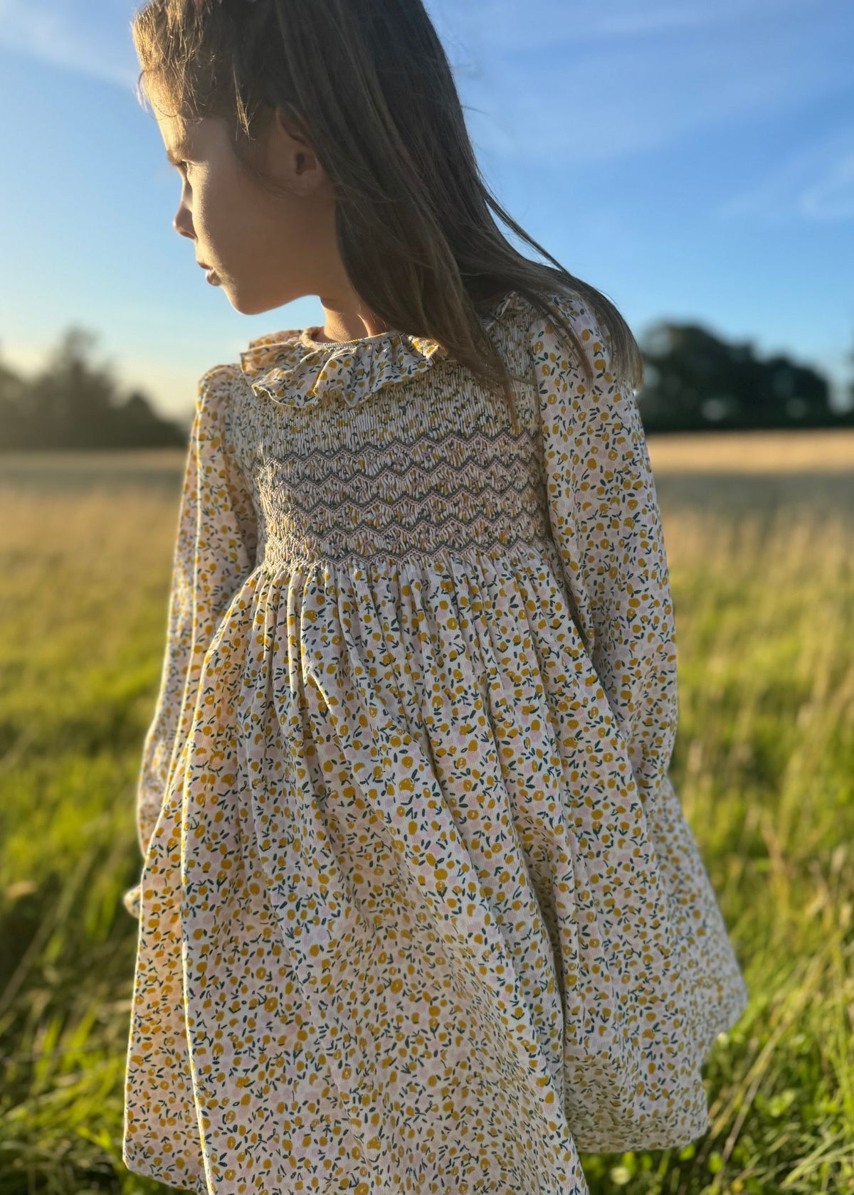 6-8y Katherine Johnson Dress Cloudberry Needlecord with Pinkberry Hand Smocking
