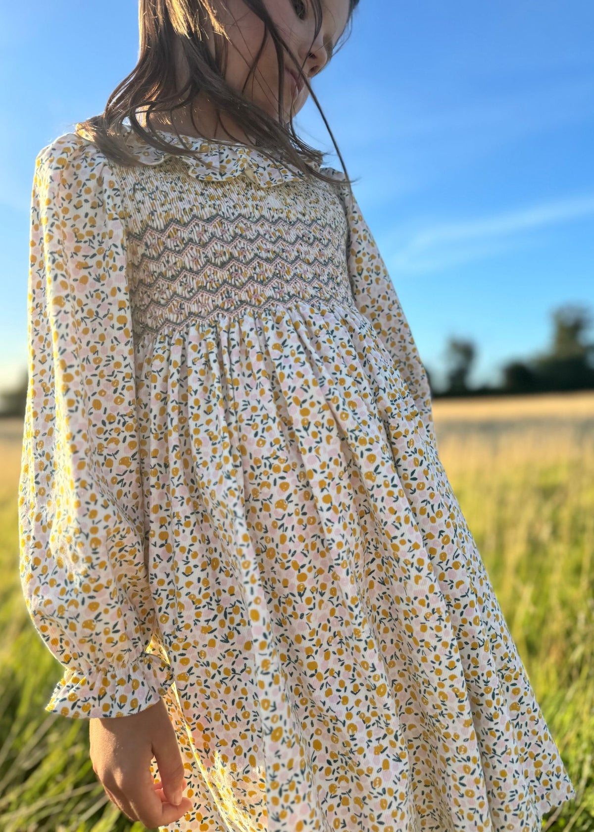 6-8y Katherine Johnson Dress Cloudberry Needlecord with Pinkberry Hand Smocking