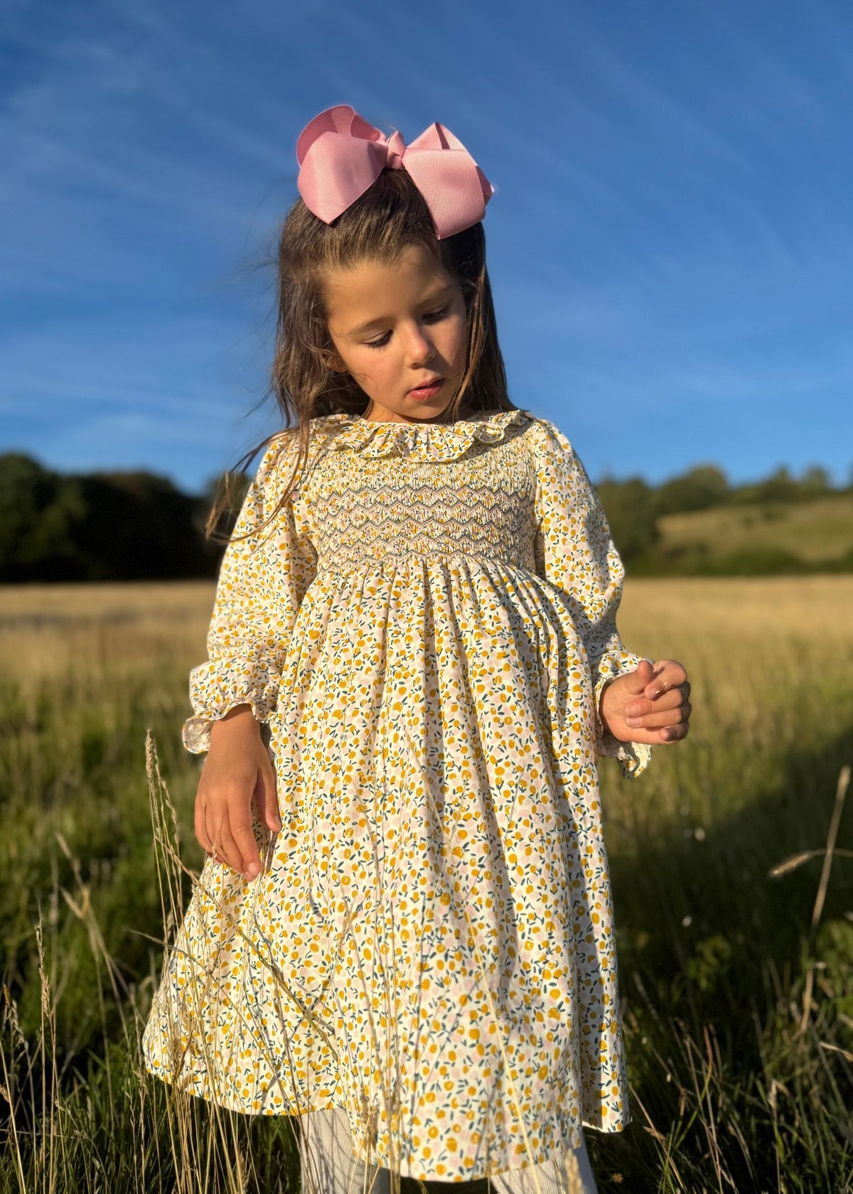 6-8y Katherine Johnson Dress Cloudberry Needlecord with Pinkberry Hand Smocking