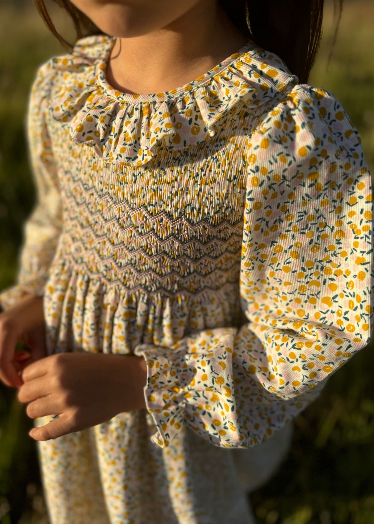 6-8y Katherine Johnson Dress Cloudberry Needlecord with Pinkberry Hand Smocking