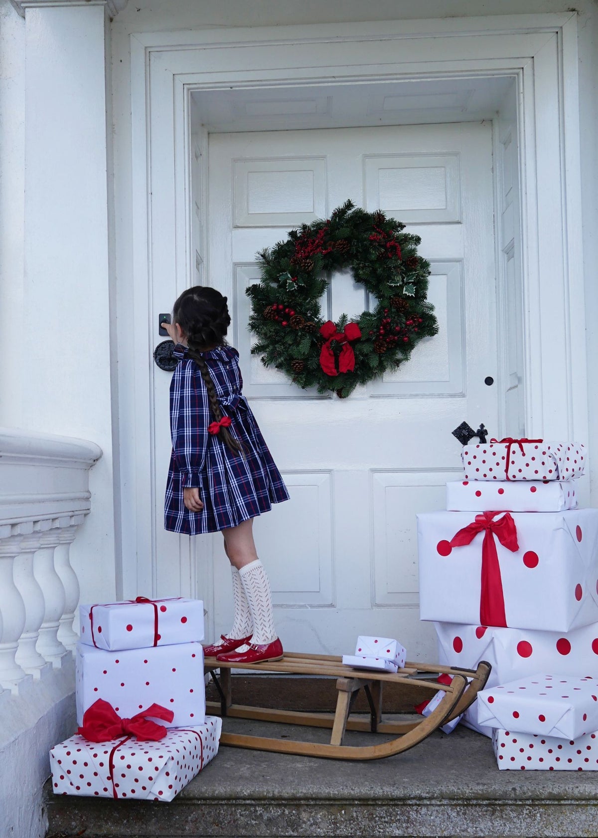 1-2y Katherine Johnson Dress Navy Tartan with Cranberry Waves Hand Smocking