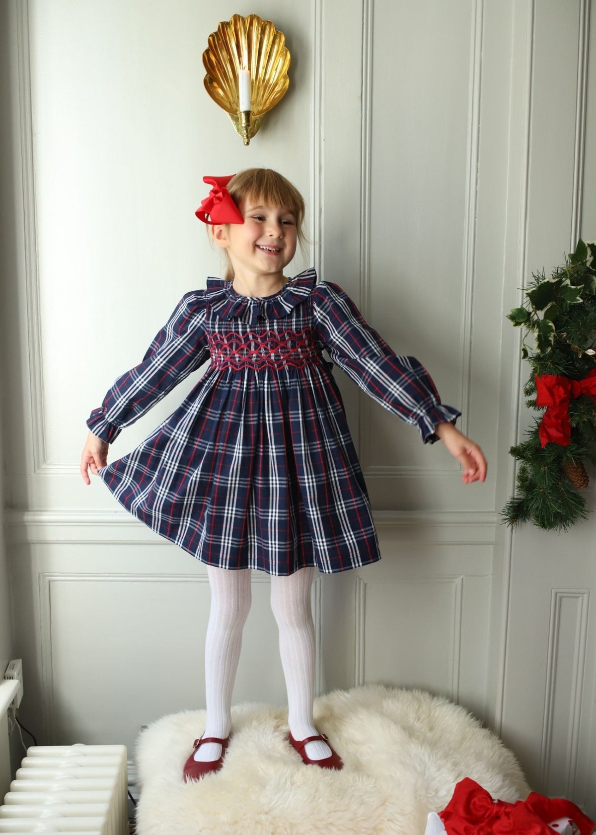 1-2y Katherine Johnson Dress Navy Tartan with Cranberry Waves Hand Smocking