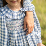 3-4 & 6-8y Katherine Johnson Dress Swedish Blue Herringbone with Pink Sky at Night Hand Smocking