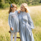 3-4 & 6-8y Katherine Johnson Dress Swedish Blue Herringbone with Pink Sky at Night Hand Smocking