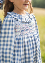3-4 & 6-8y Katherine Johnson Dress Swedish Blue Herringbone with Pink Sky at Night Hand Smocking