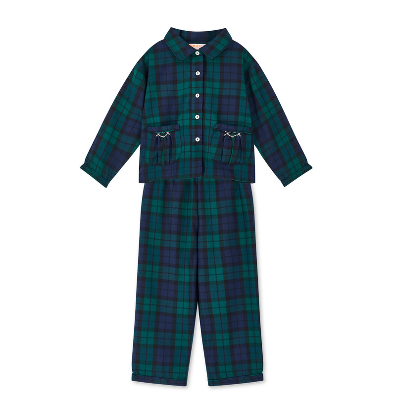 Lilly Parr Pyjamas Black Watch Tartan With Golden Coin Hand Smocking