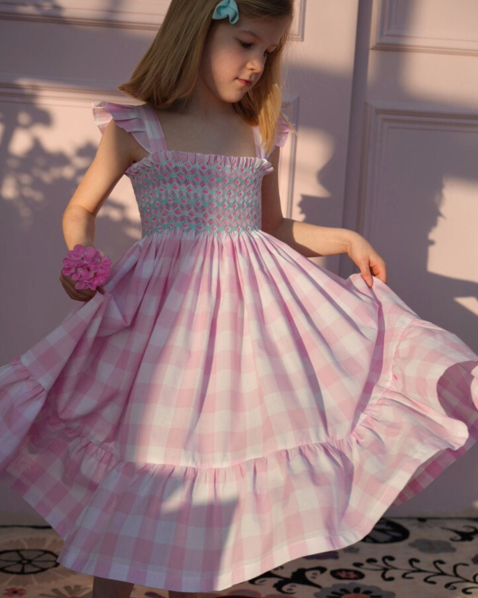 Rachel Carson Girls Dress Candy Floss Gingham with Spearmint Hand Smocking